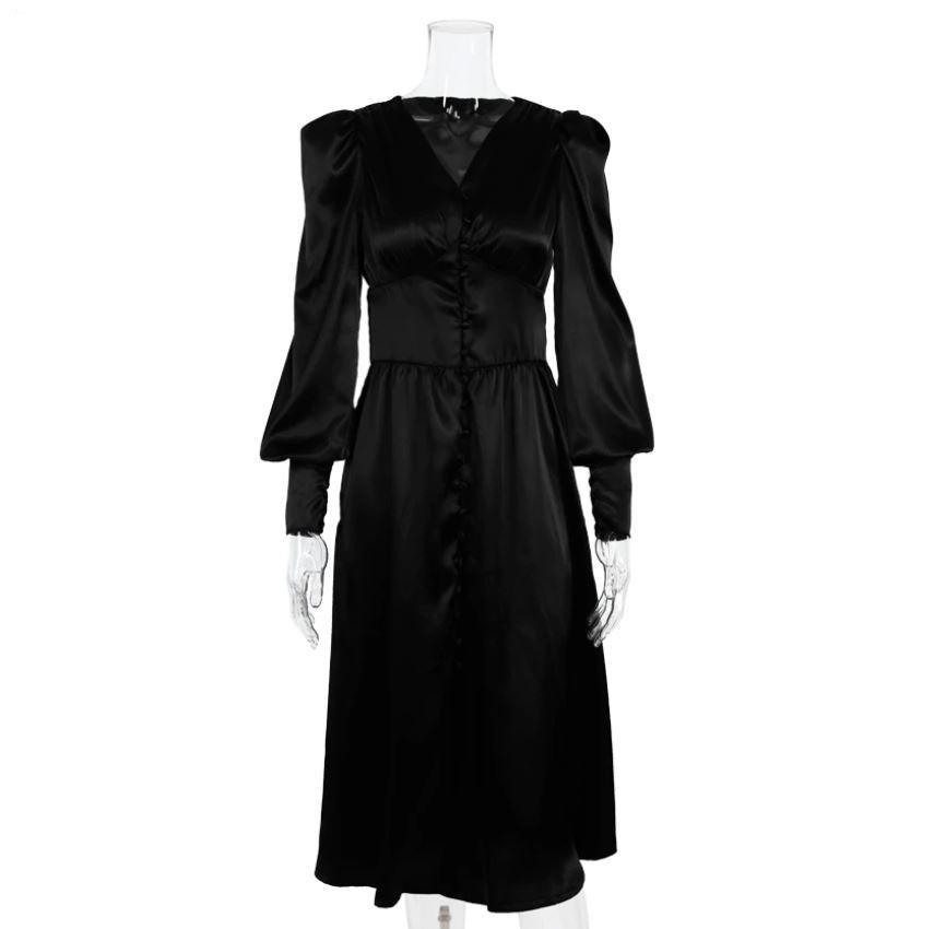 Schwarzes Satin-Vintage-Kleid aus den 1940er Jahren
