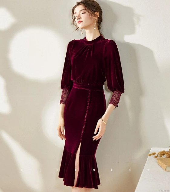 Weinrotes Vintage Herbst-Winterkleid