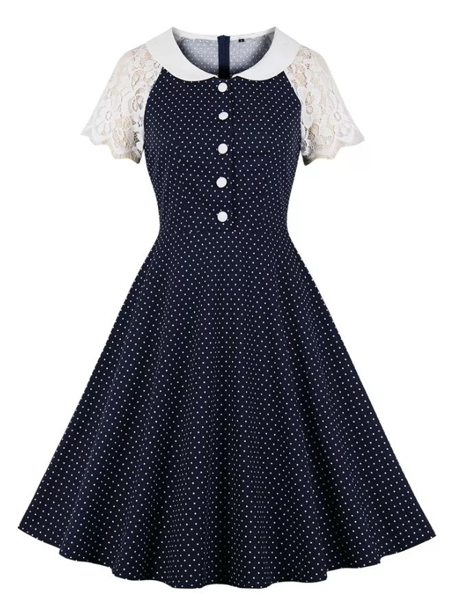 Blaues Vintage-Kleid mit Spitzenkragen