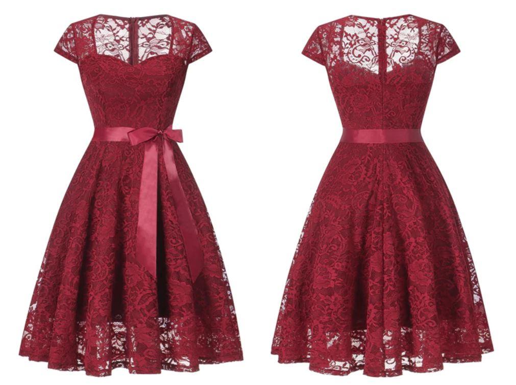 Weinrotes Vintage-Kleid mit Stickerei