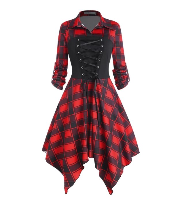 Vintage kariertes Kleid mit Spitzen rot