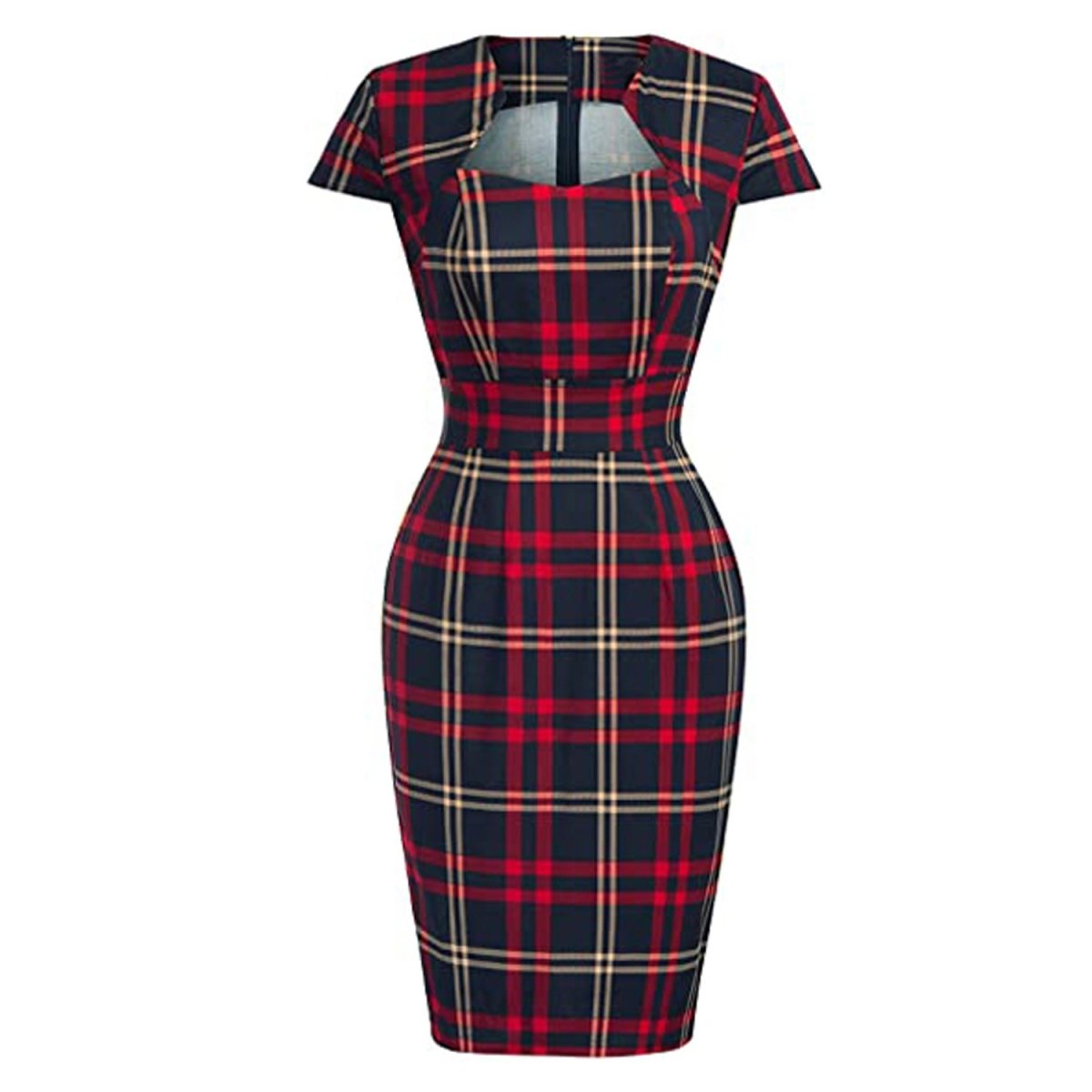 Kariertes Vintage-Kleid mit quadratischem Ausschnitt