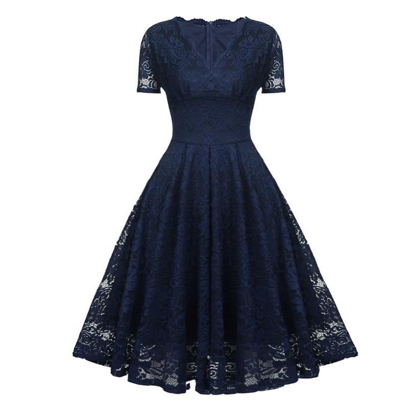 Marineblaues Vintage-Spitzenkleid mit V-Ausschnitt