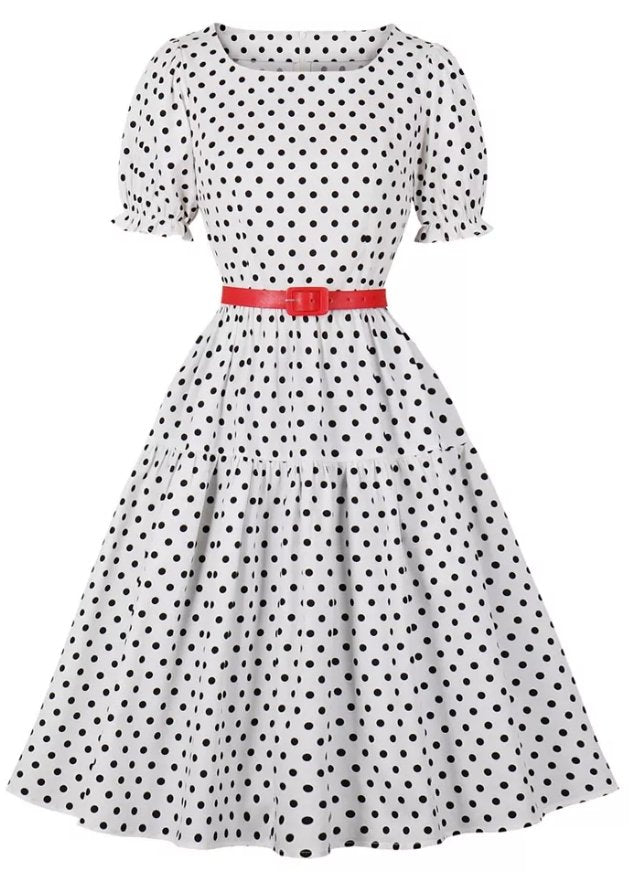 Weißes, gepunktetes Vintage-Kleid mit Rundhalsausschnitt