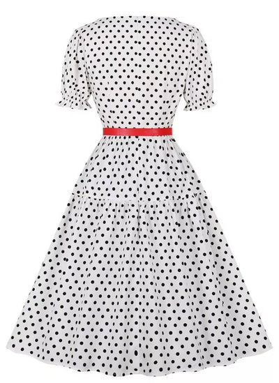 Weißes, gepunktetes Vintage-Kleid mit Rundhalsausschnitt