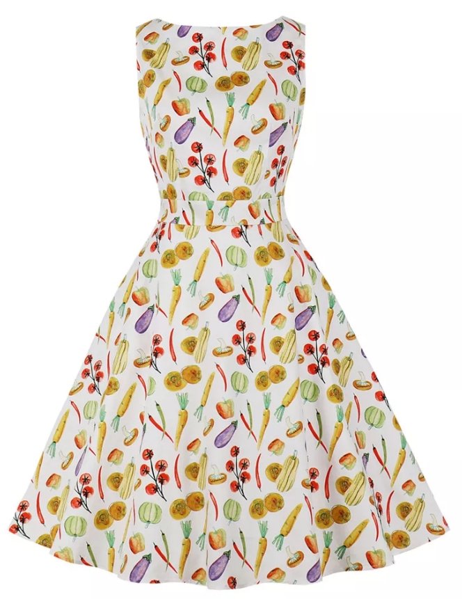 Cremefarbenes, florales Vintage-Kleid mit Rundhalsausschnitt
