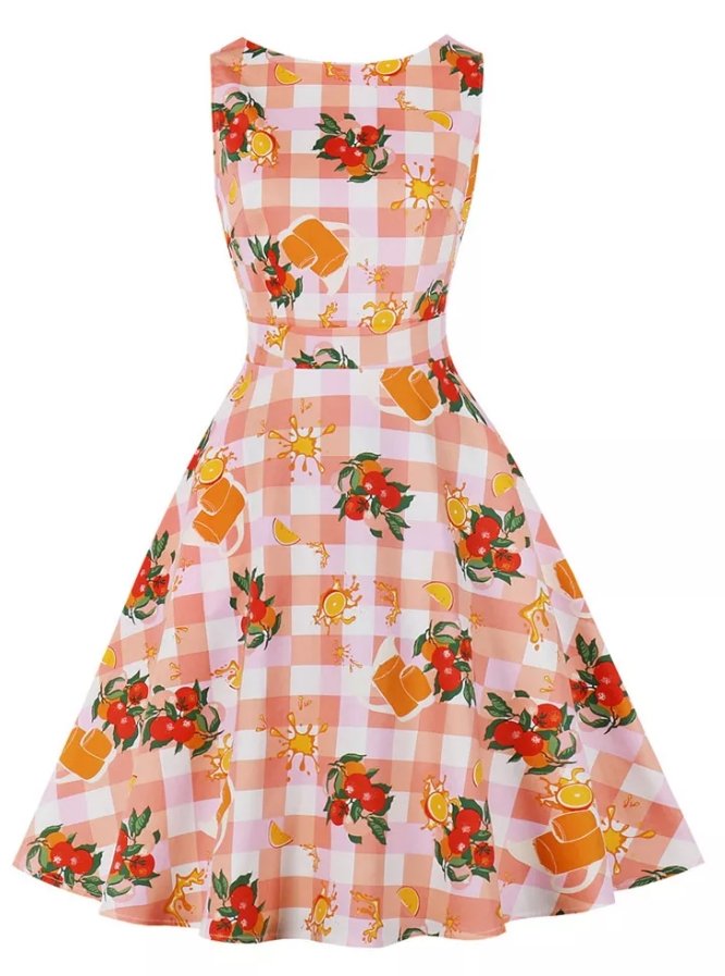 Geblümtes rosafarbenes Vintage-Kleid mit Rundhalsausschnitt