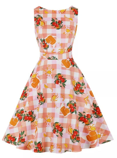 Geblümtes rosafarbenes Vintage-Kleid mit Rundhalsausschnitt
