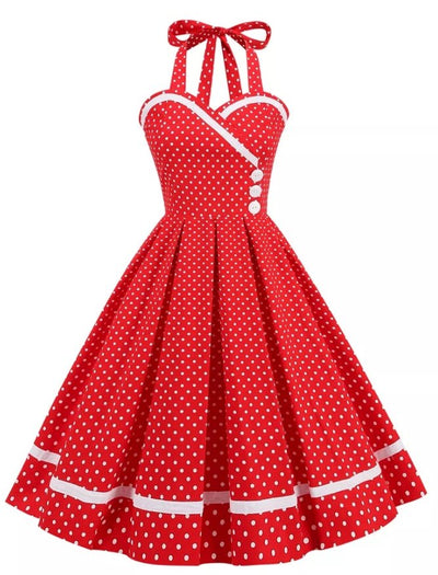 Rotes gepunktetes Vintage-Kleid mit Rundhalsausschnitt