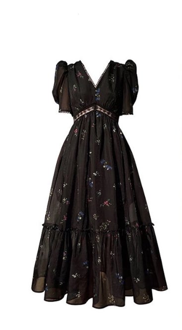 Schwarzes Vintage-Kleid mit V-Ausschnitt