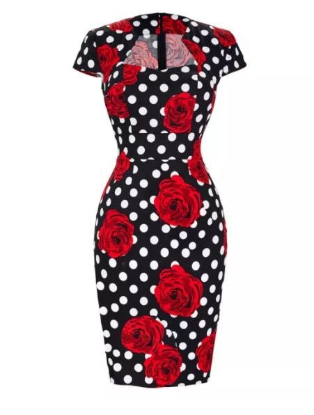 Vintage Schwarzes Polka Dot Bleistiftkleid