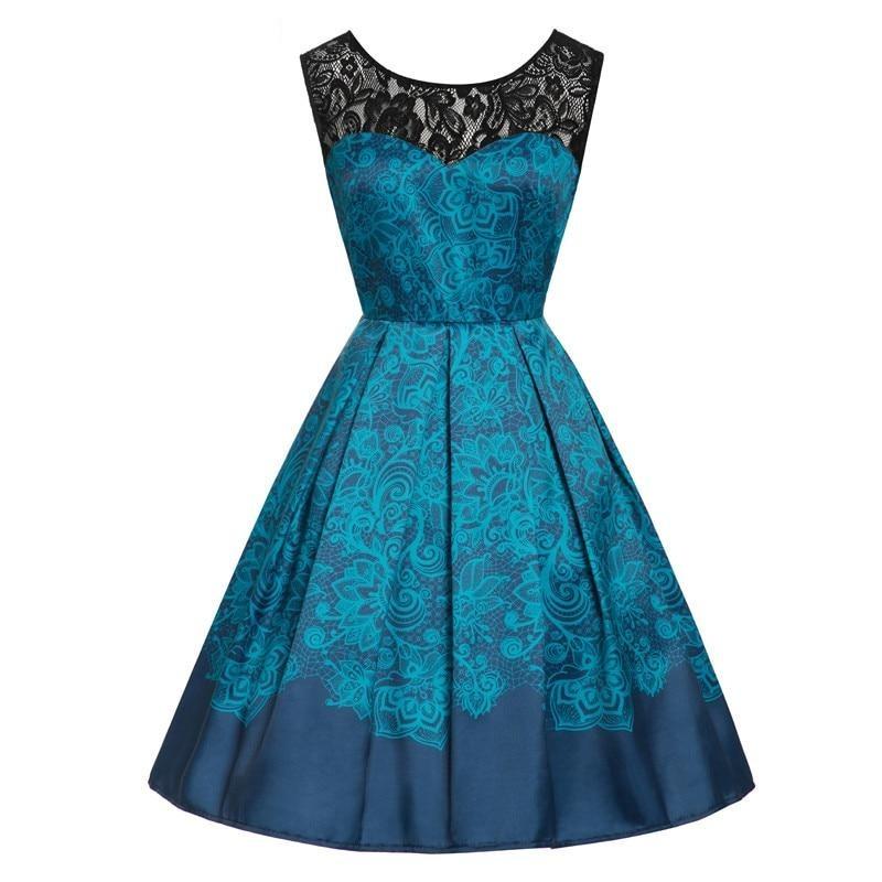 Blaues Rockabilly-Spitzen-Vintage-Kleid in Übergröße