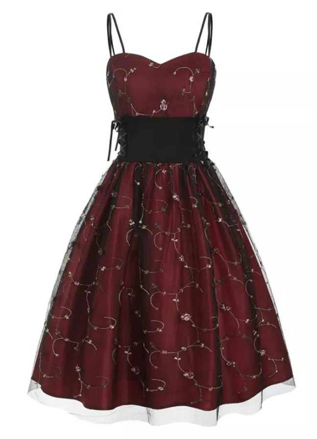 Burgunderrotes Vintage-Kleid mit hoher Taille und Übergröße