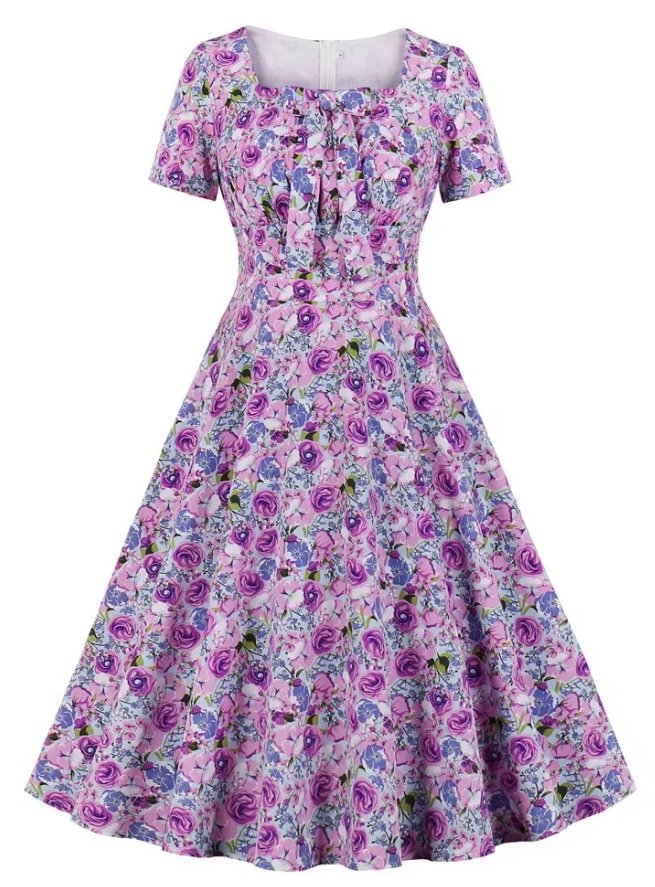 Lila Vintage-Kleid mit hoher Taille und Übergröße