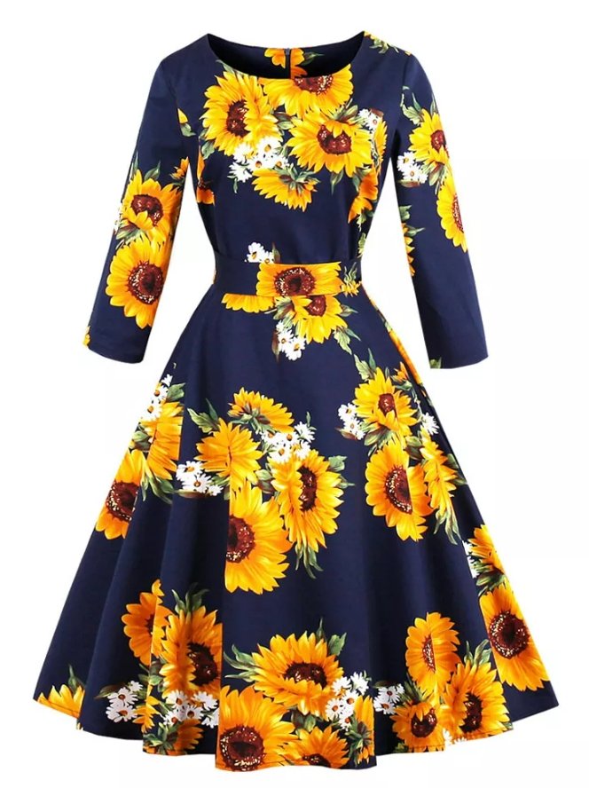 Blaues Langarm-Vintage-Kleid in Übergröße