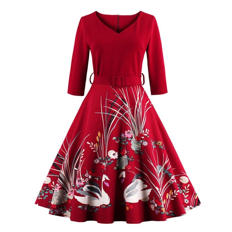Rotes Langarm-Vintage-Kleid in Übergröße