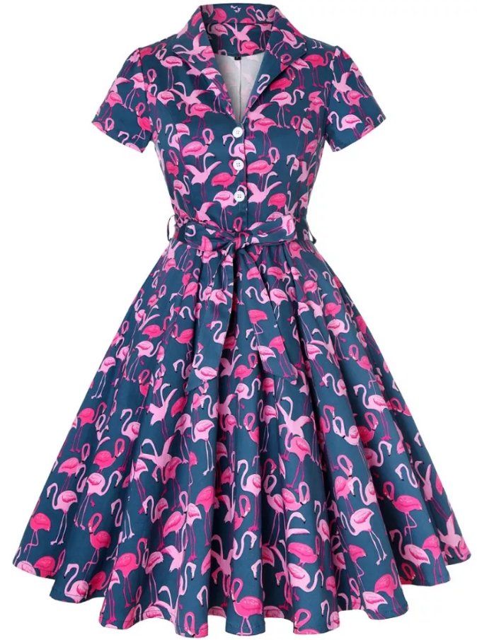Vintage-Kleid mit marineblauen Vögeln in Übergröße