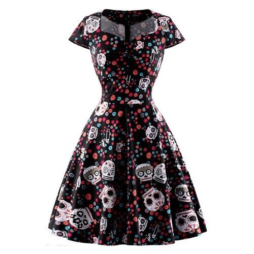 Schwarzes Totenkopf-Vintage-Kleid in Übergröße