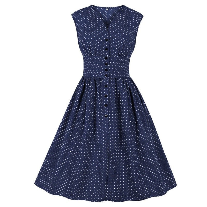 Blaues, gepunktetes Vintage-Kleid in Übergröße