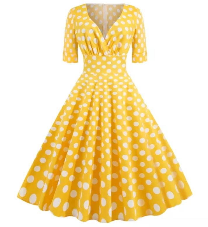Vintage Gelbes Polka Dot Kleid aus Baumwolle