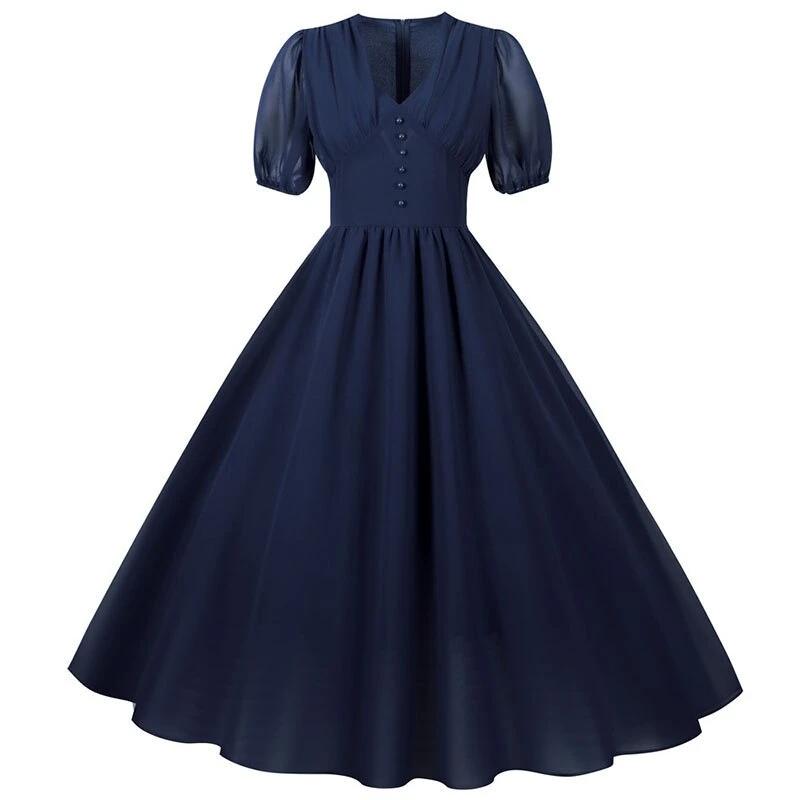 Blaues Vintage 50er Jahre Langes Kleid