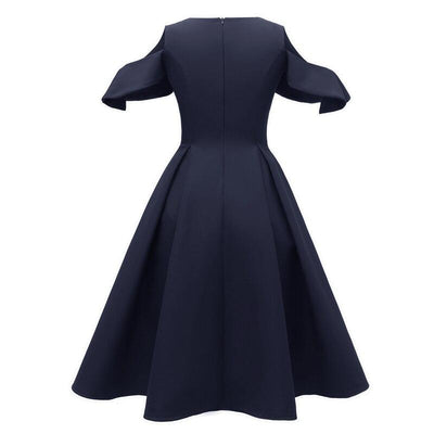 Marineblaues Vintage-Kleid mit Rüschenkragen