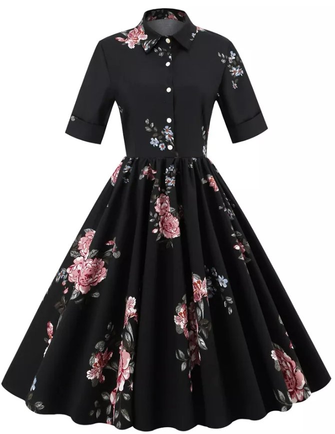 Schwarzes Vintage-Kleid mit Umlegekragen