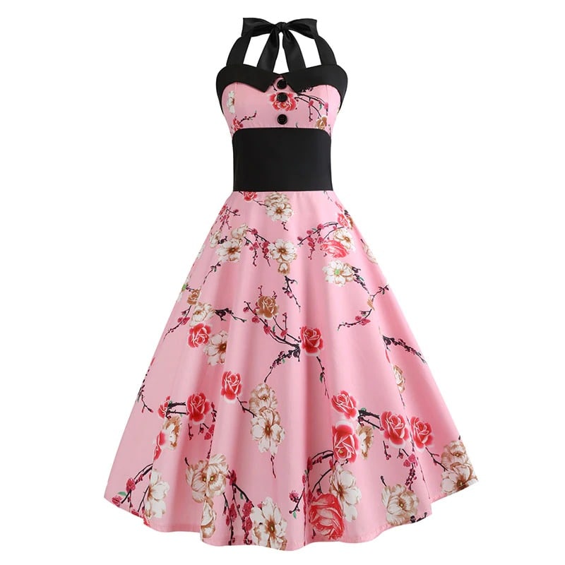 Rosa florales Pin-Up-Vintage-Kleid