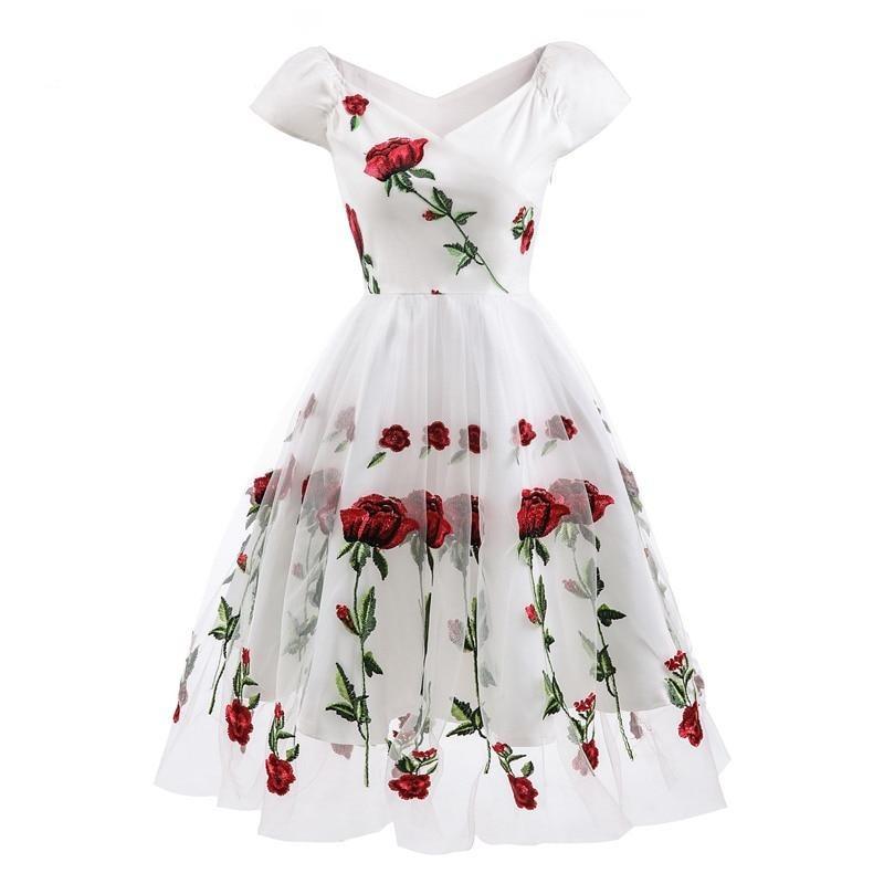 Weißes Spitzen-Rockabilly-Vintage-Kleid