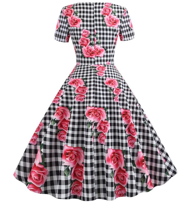 Schwarz kariertes romantisches Vintage-Kleid