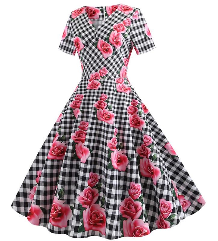 Schwarz kariertes romantisches Vintage-Kleid