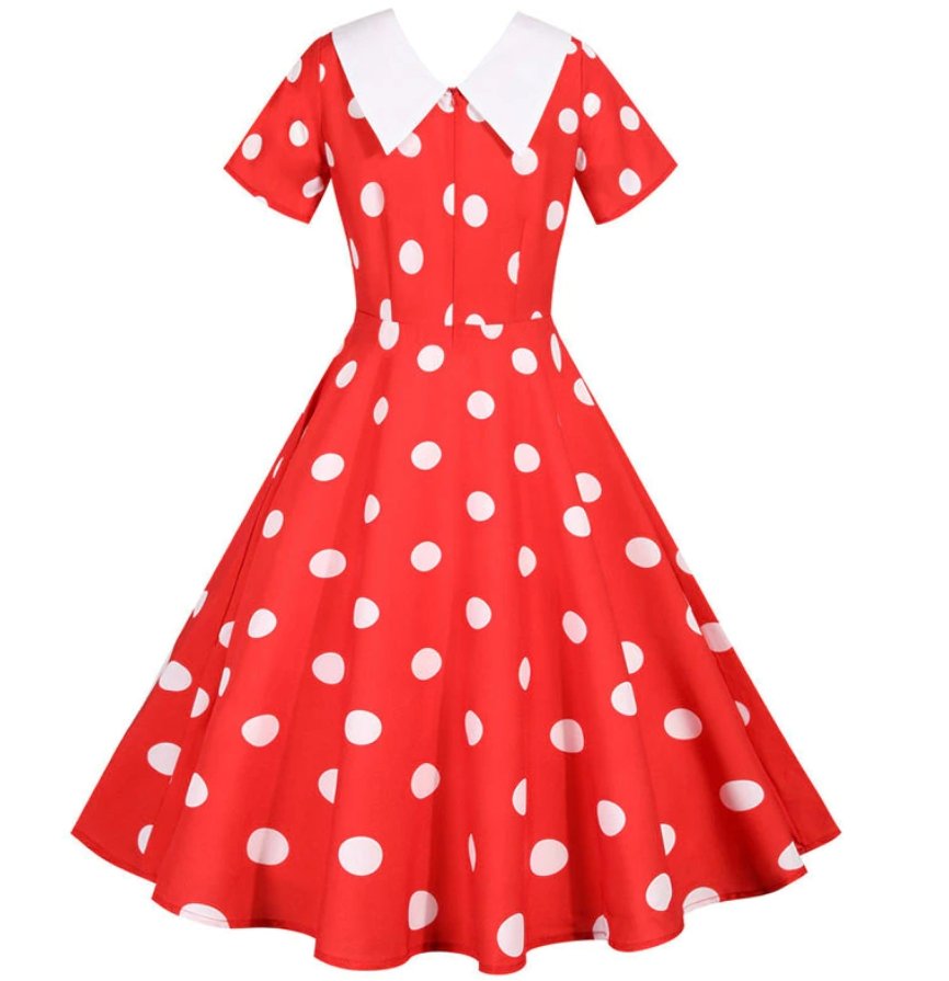 Rotes Vintage-Kleid mit weitem Ausschnitt und Polka Dots