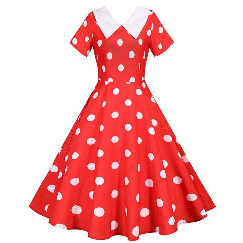 Rotes Vintage-Kleid mit weitem Ausschnitt und Polka Dots
