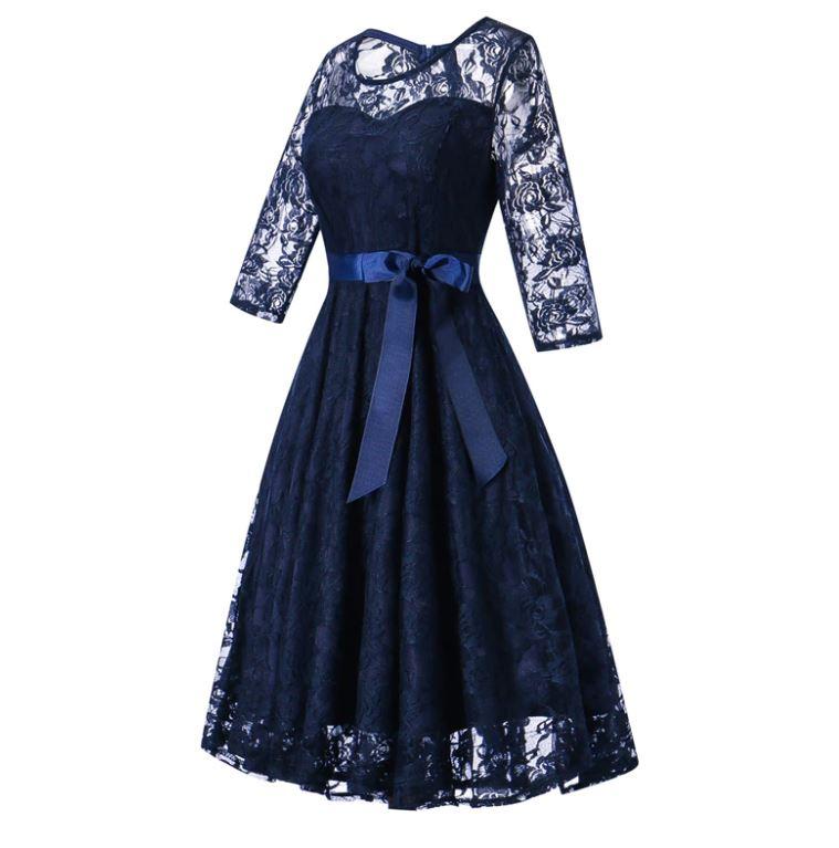Vintage blaues Langarm-Abendkleid