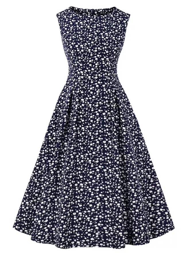 Marineblaues, hoch tailliertes Vintage-Kleid