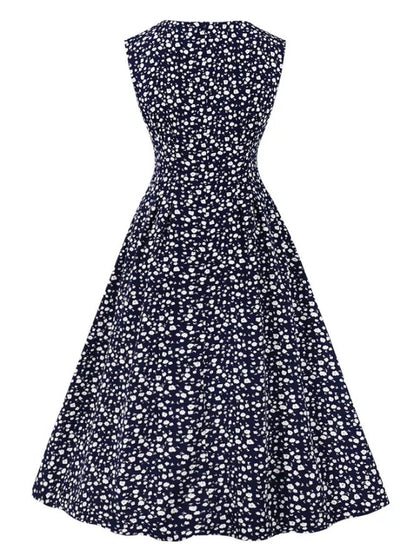 Marineblaues, hoch tailliertes Vintage-Kleid