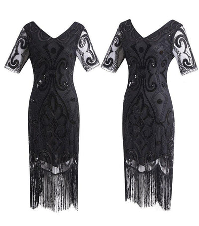 Schwarzes Spitzenkleid im Stil der 20er Jahre