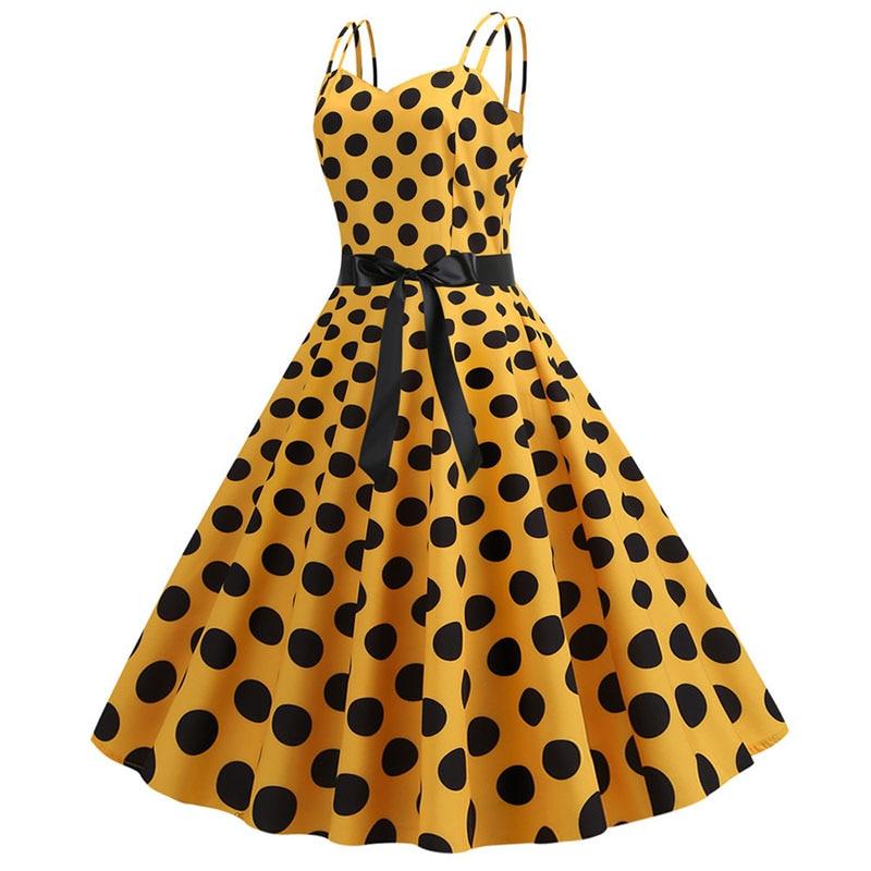 Gepunktetes gelbes Rockabilly-Vintage-Kleid