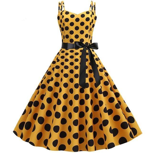 Gepunktetes gelbes Rockabilly-Vintage-Kleid